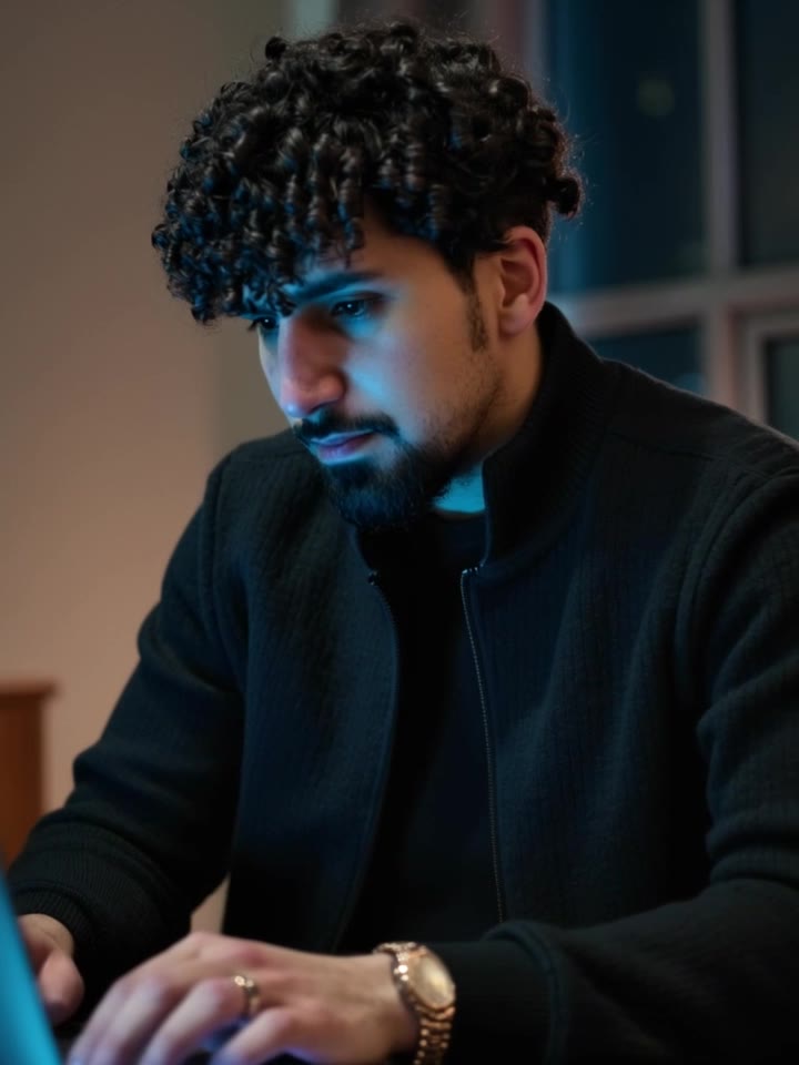 Omar works at a glowing laptop late at night, watch on wrist, the city dark behind the window