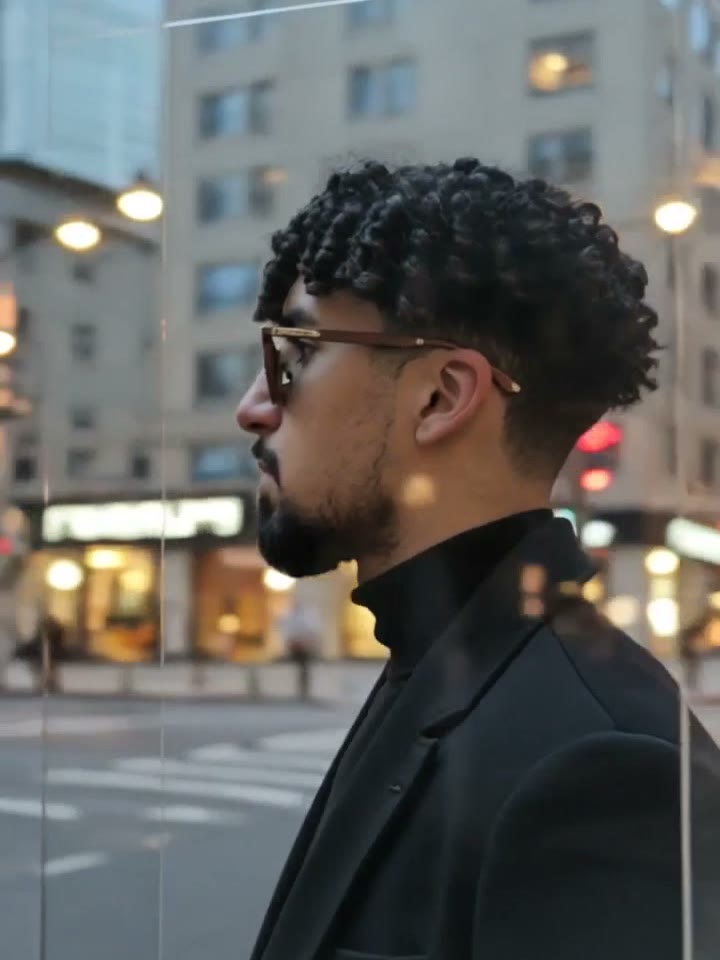 A man in black crosses a city street at dusk, head level, while the lit sidewalk blurs behind him