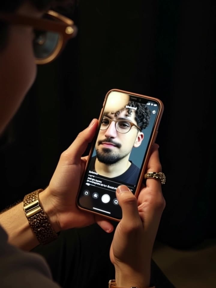 Over a viewer's shoulder, a phone plays one creator's video; his face fills the screen mid-scroll