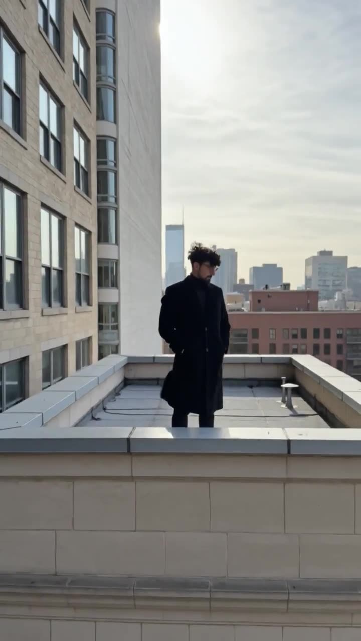 Montage of Omar on a high-rise rooftop ledge above the city skyline